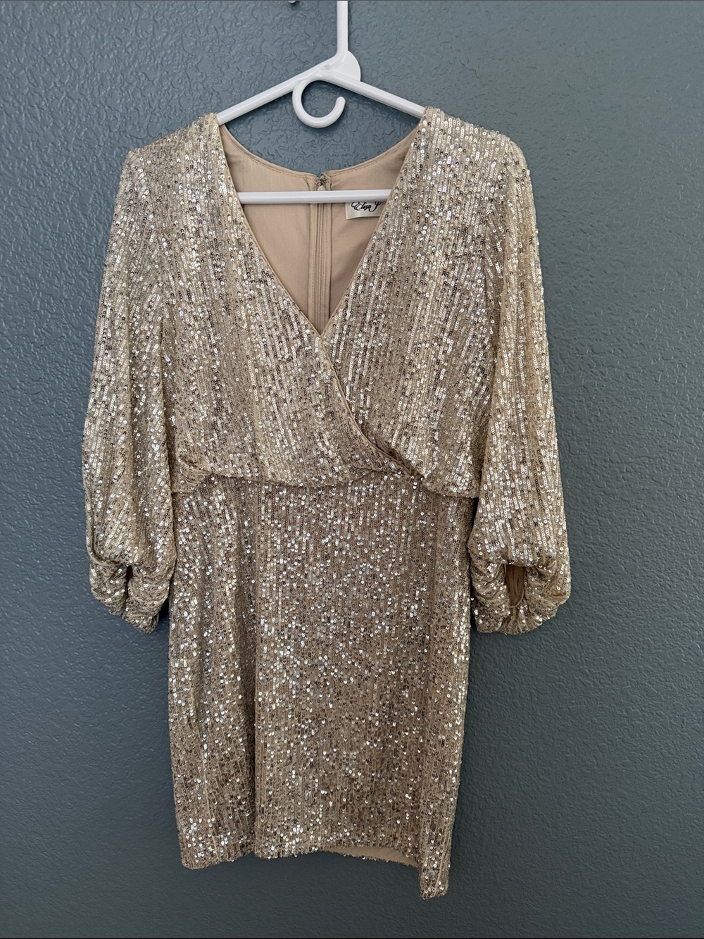 Eliza J beige and silver Sequin V-Neck Mini Dress longsleeve